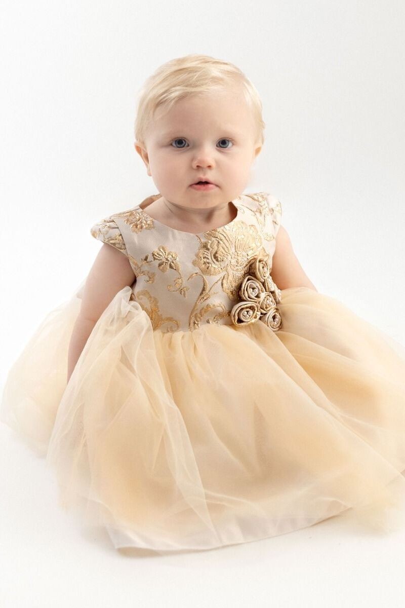 Girls and Babies Gold Embroidered Bodice Dress – ANGELA - Gold Champagne