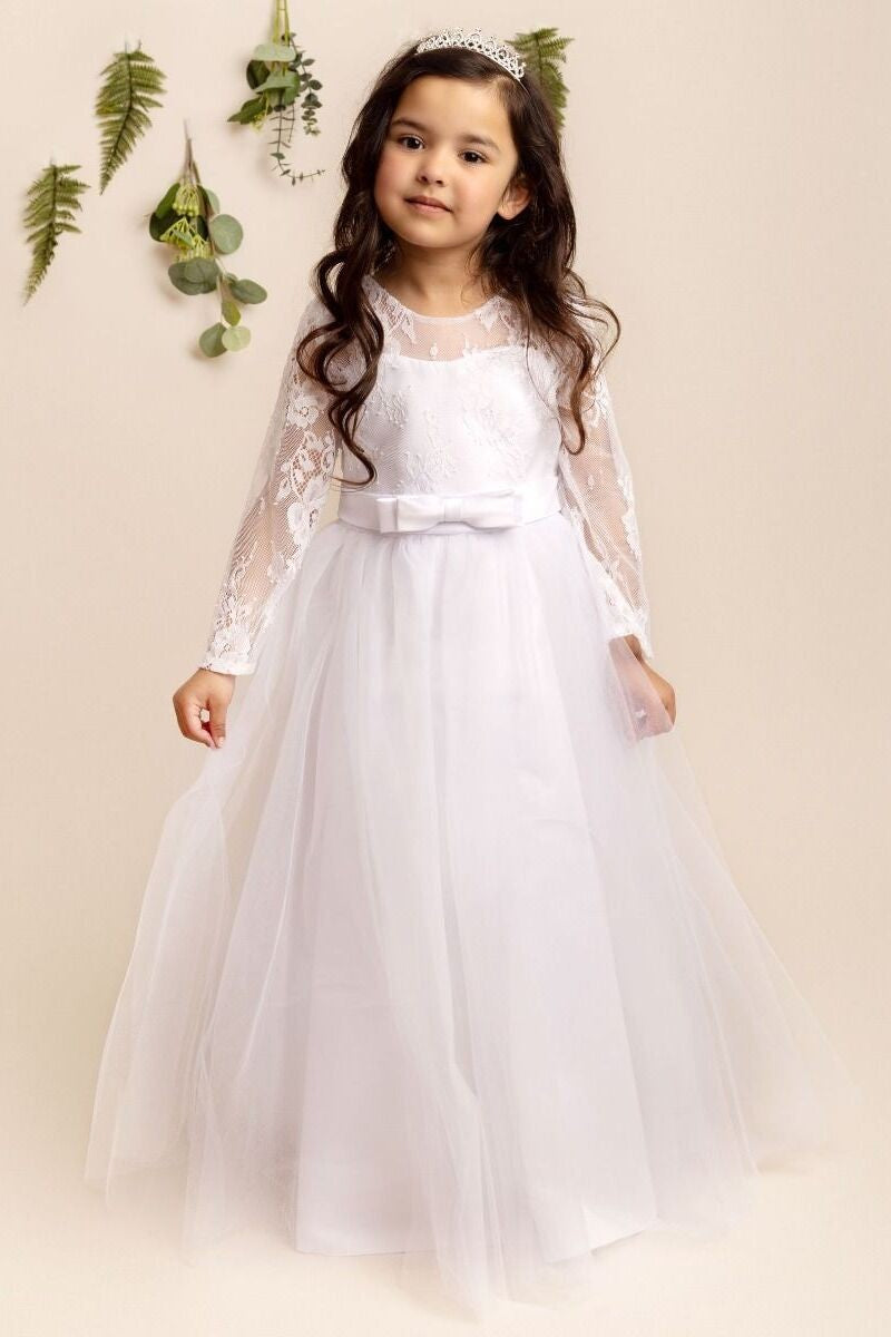 Girls Long Sleeves Lace White Tulle Dress - JADE - White