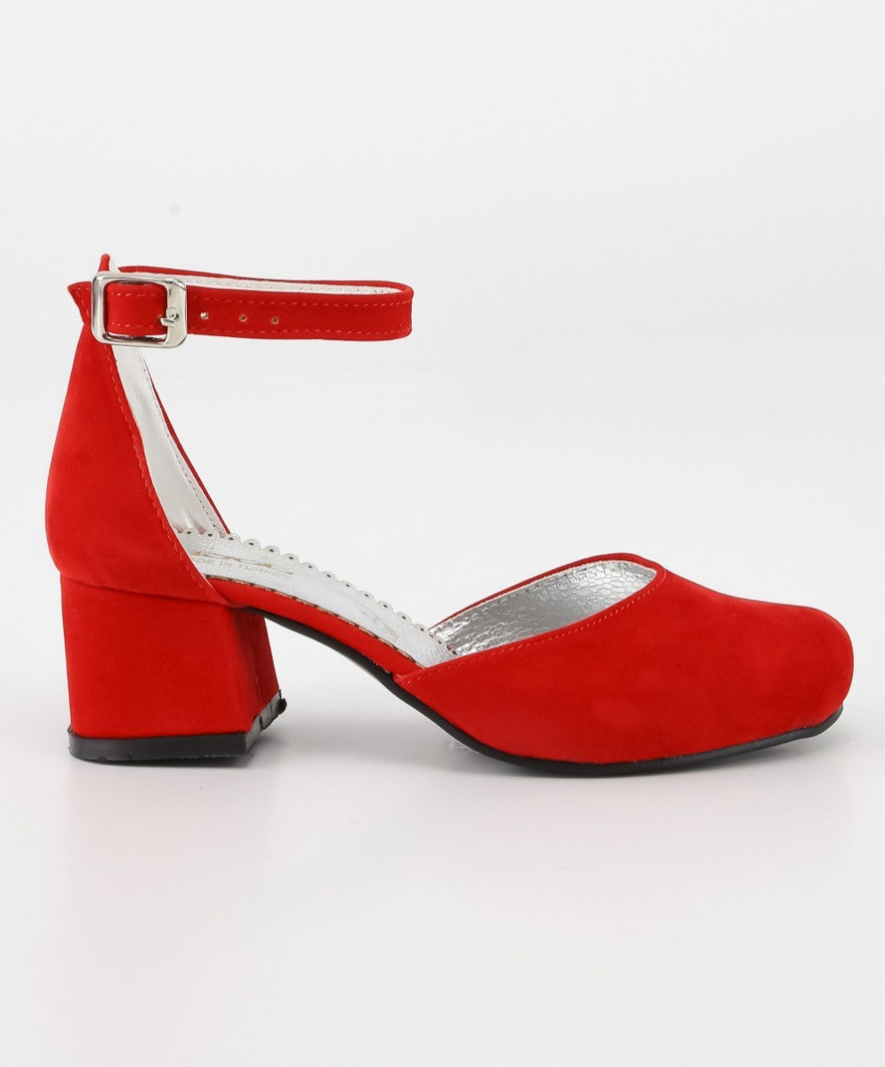 Girls Mary Jane Block Heel Shoes - Red