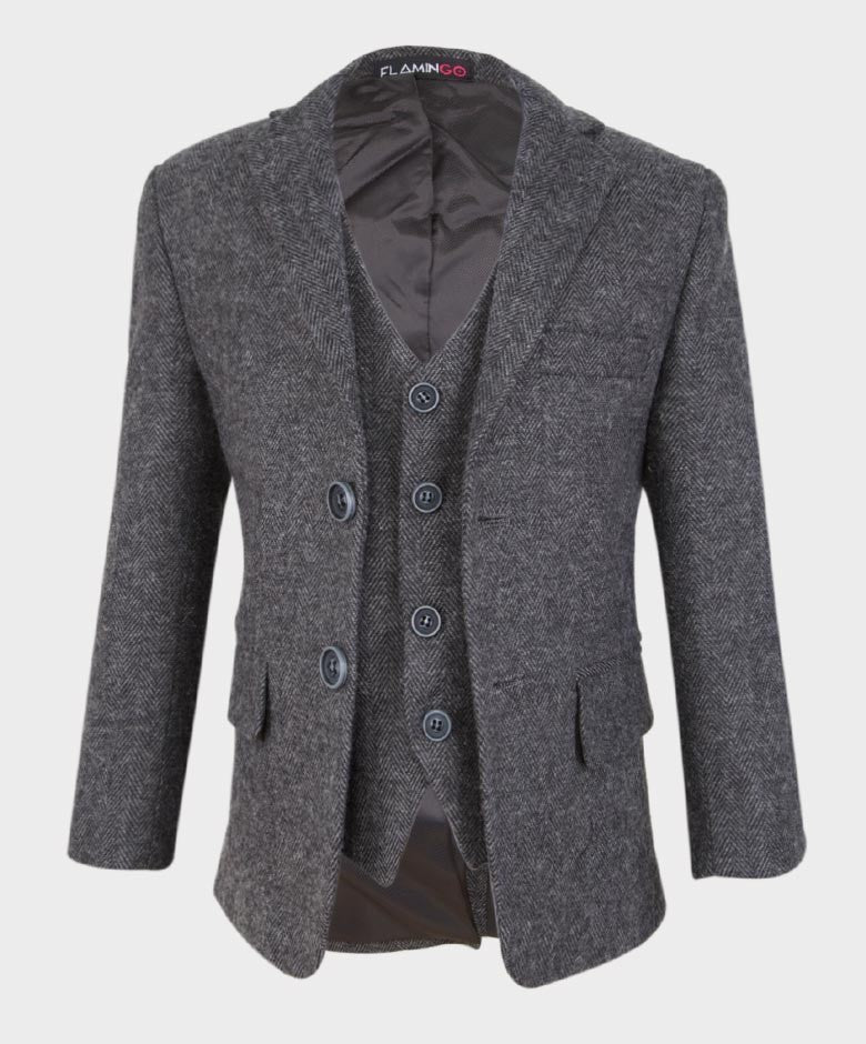 Boys Herringbone Tweed Grey Suit - GEORGE - Dark Grey