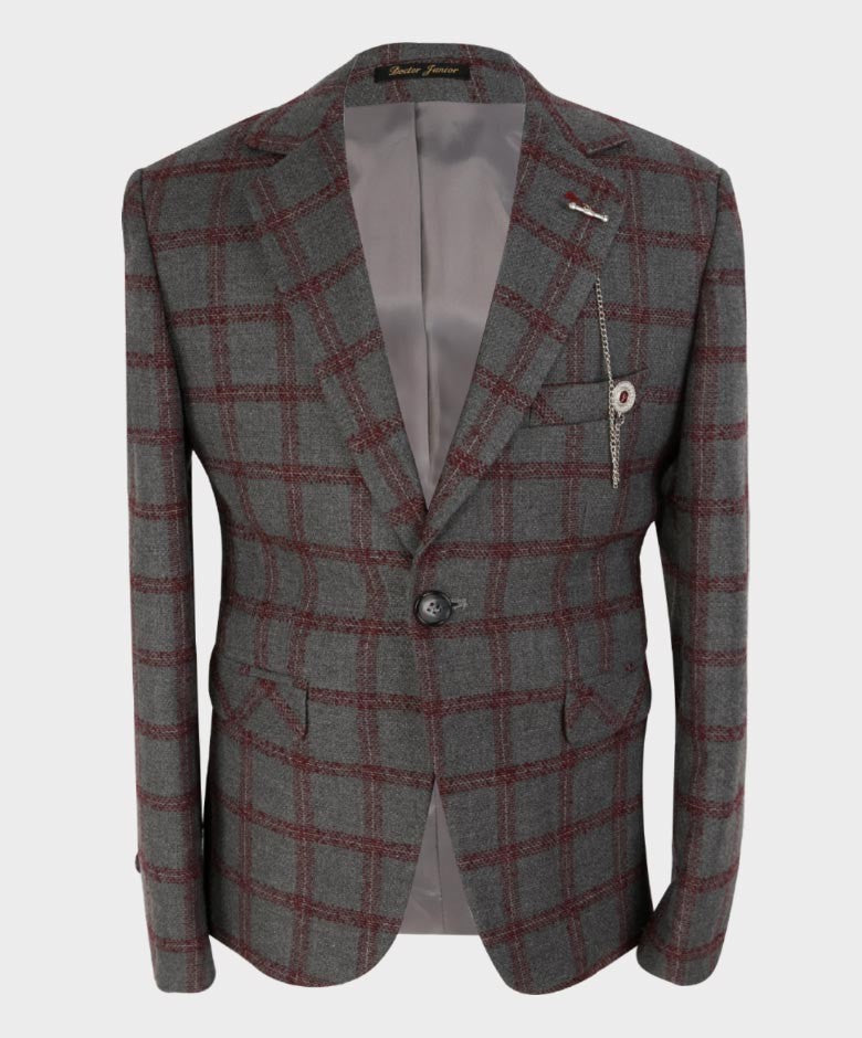 Boys Tailored Fit Windowpane Retro Check Suit - Grey - Burgundy