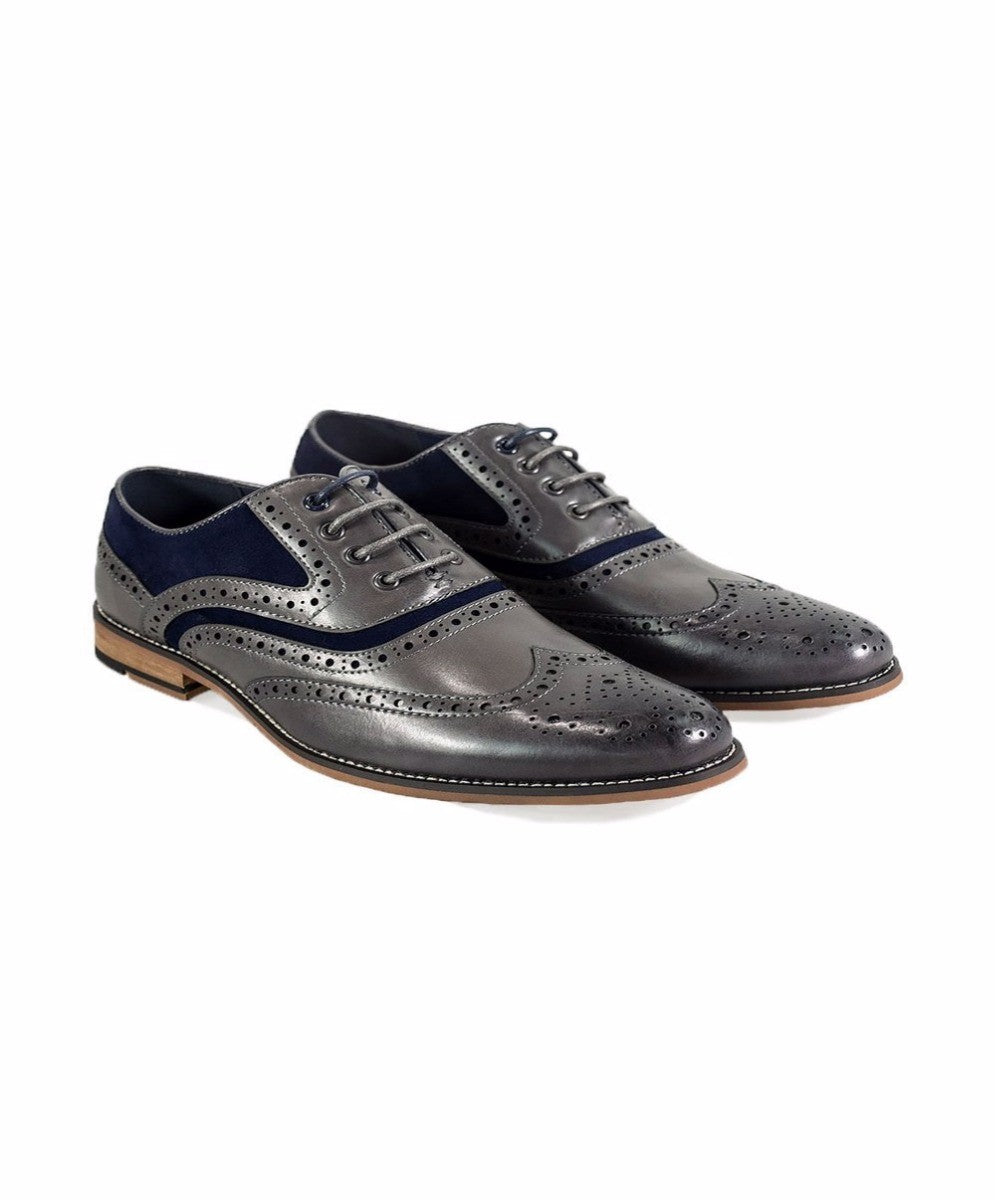 Men's Suede & Leather Oxford Brogue Shoes - ETHAN - Grey - Navy Blue