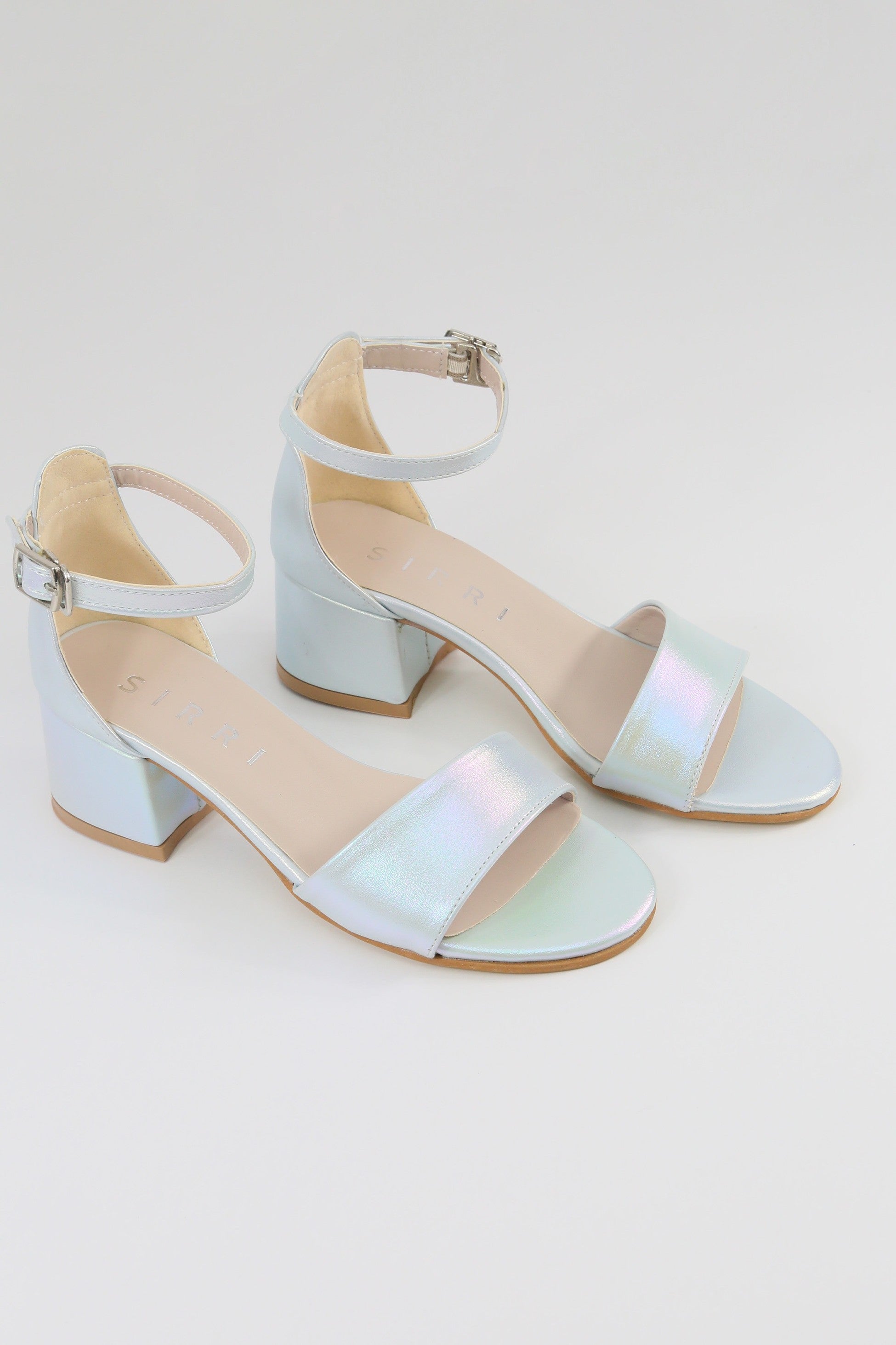 Girls Ankle-Strap Iridescent Block Heels Sandals - GRACE - Silver