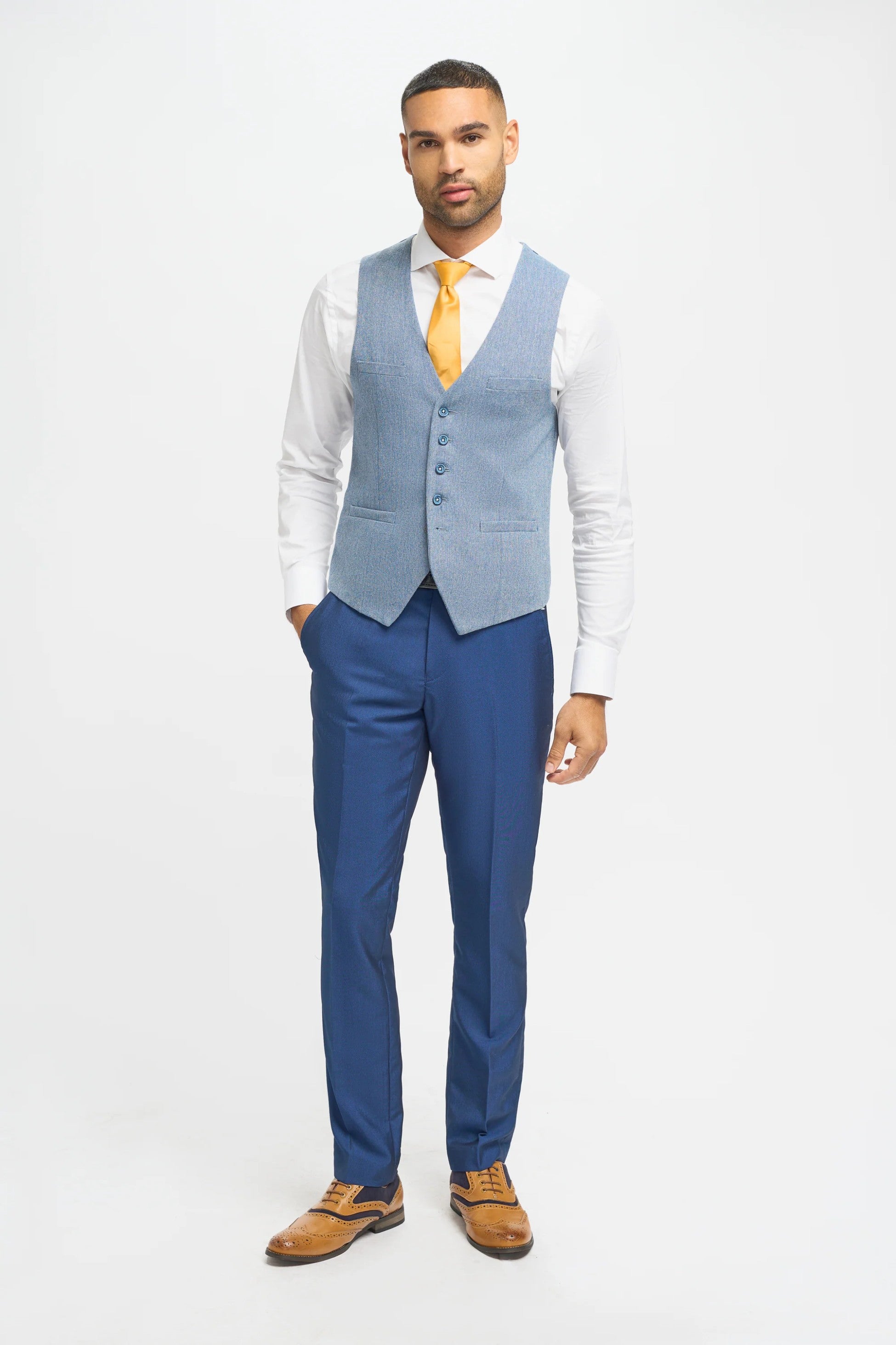 Men's Royal Blue Slim Fit 3-Piece Wedding Suit with Light Blue Tweed Waistcoat - Navy Blue