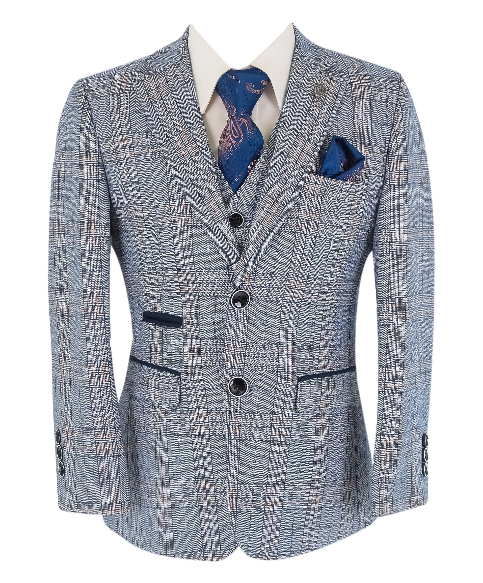 Boys Windowpane Check Slim Fit Suit - LEVI Blue