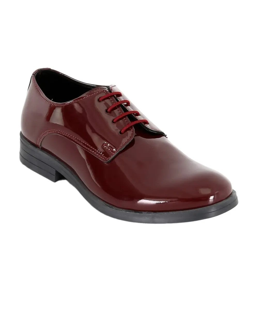 Boys Derby Patent Lace Up Formal Shoes - Burgundy