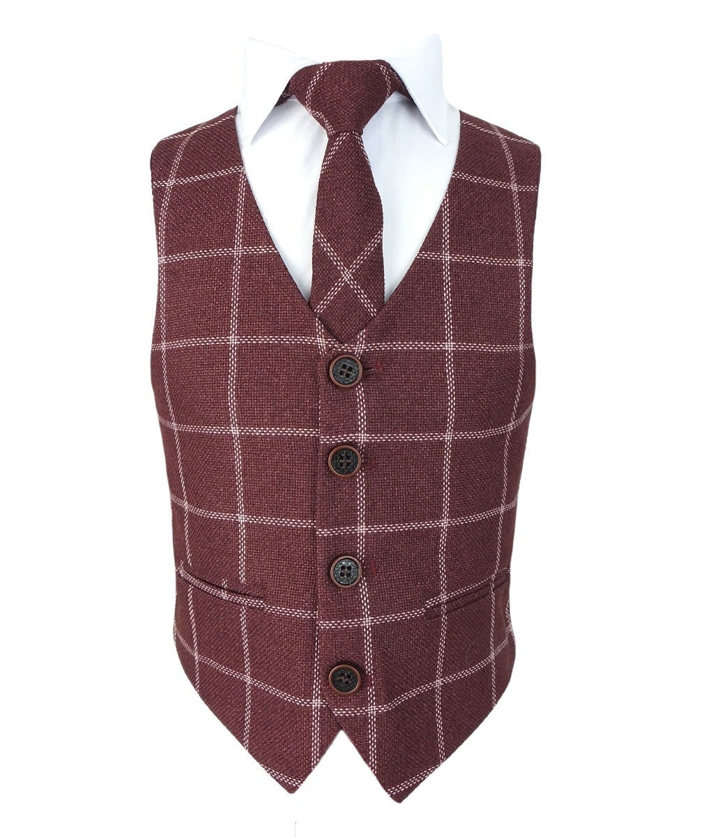 Boys Plaid Check Waistcoat Set - Maroon