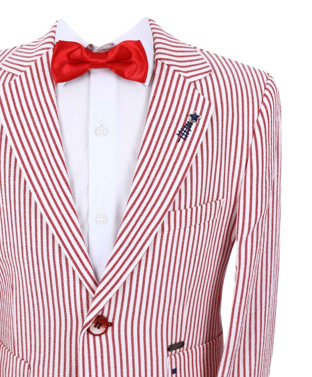 Boys Slim Fit Pinstripe Boating Blazer - Red