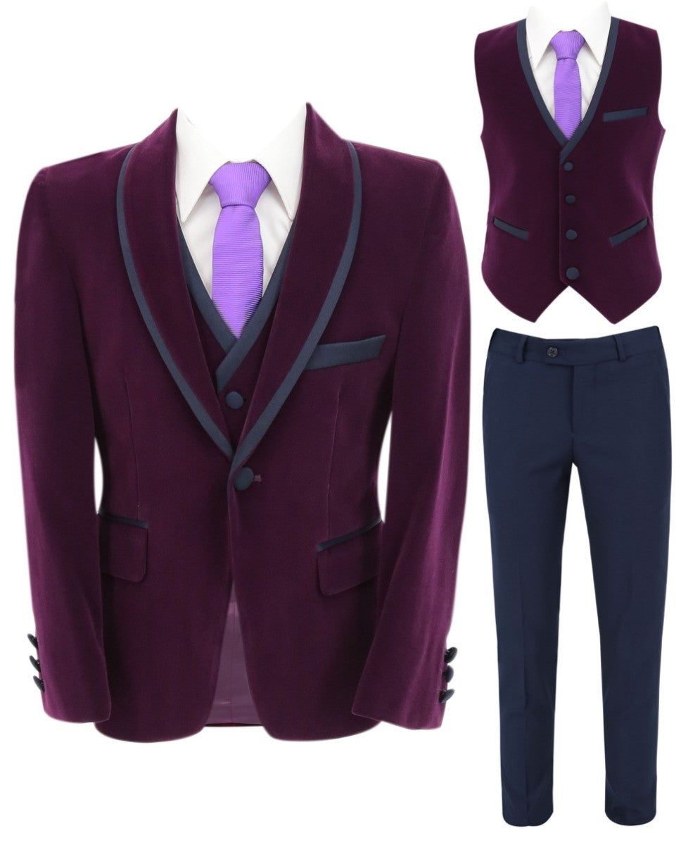 Boys Slim Fit Piping Velvet Tuxedo Suit - LONDON - Purple