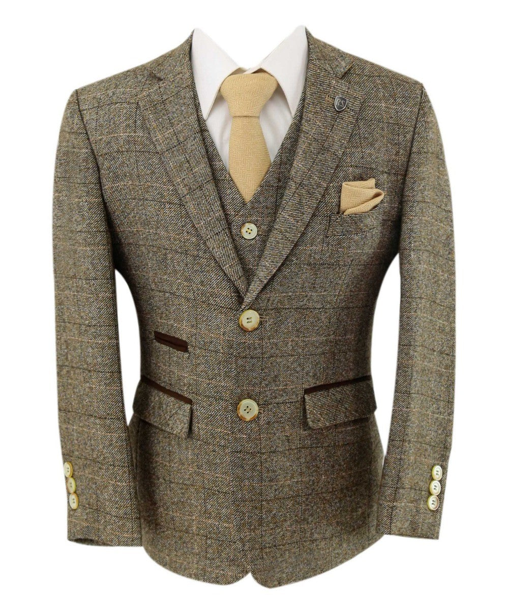 Boys Tweed Check Tailored Fit Beige Suit - LIAM - Beige