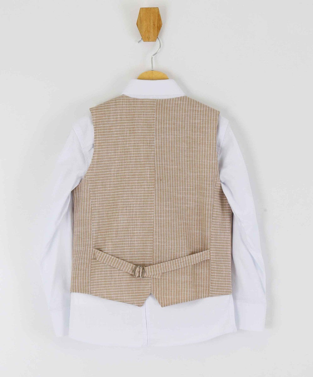 Boys Cotton Linen Pinstrip Waistcoat Suit Set - Beige