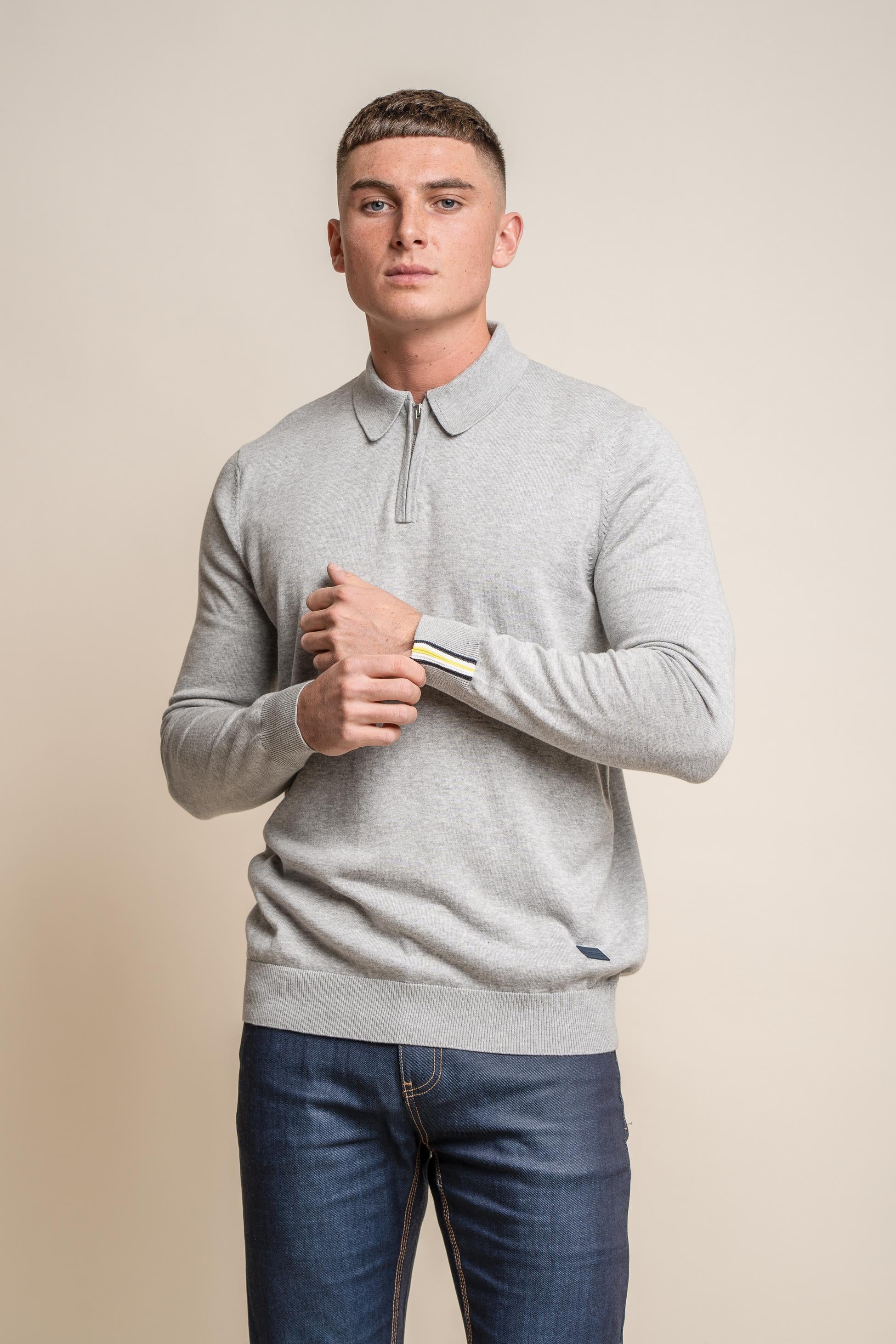 Men's Cotton Mock Neck Quarter Zip Jumper - Falcao - Grey