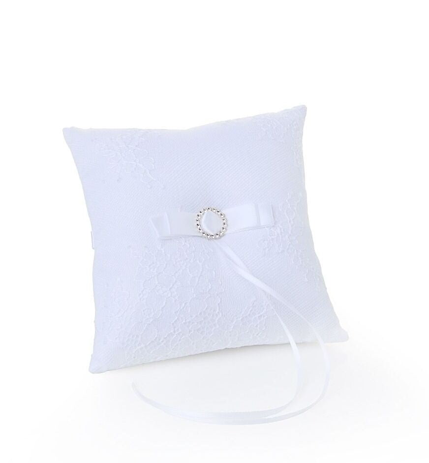 Lace Ring Pillow with Rhinestone Detail & Bow - CANADA - White