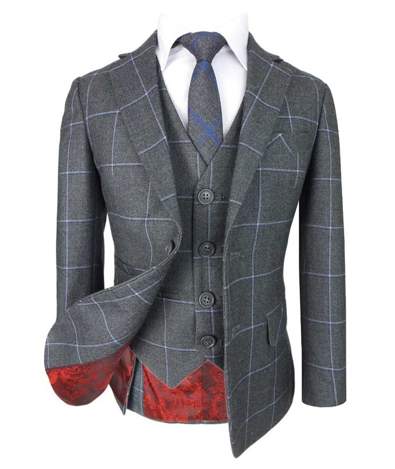 Boys Windowpane Check Slim Fit Suit - Grey - Blue