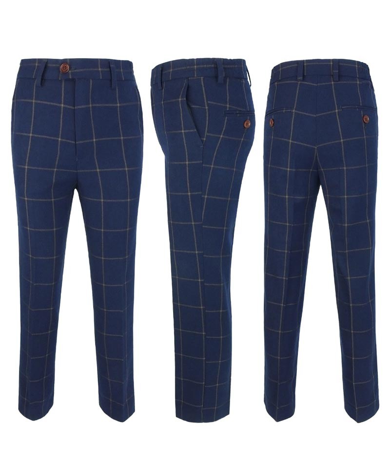 Boys Windowpane Check Woven Effect Navy Suit Set - Navy blue- Brown