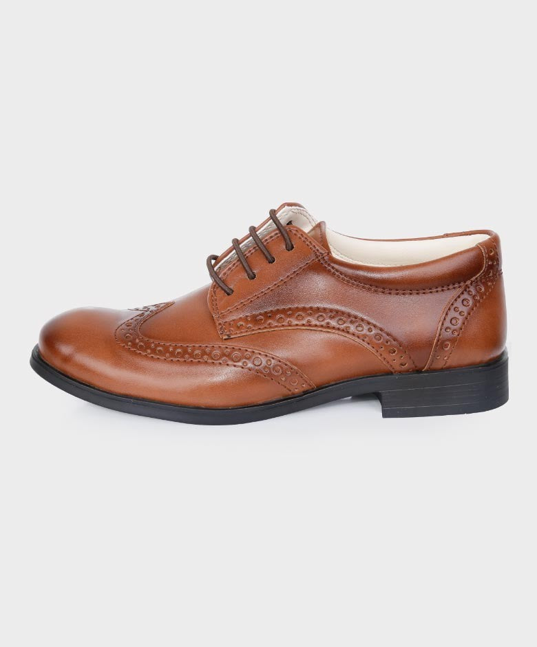 Boys Derby Brogue Lace Up Dress Shoes - Tan Brown