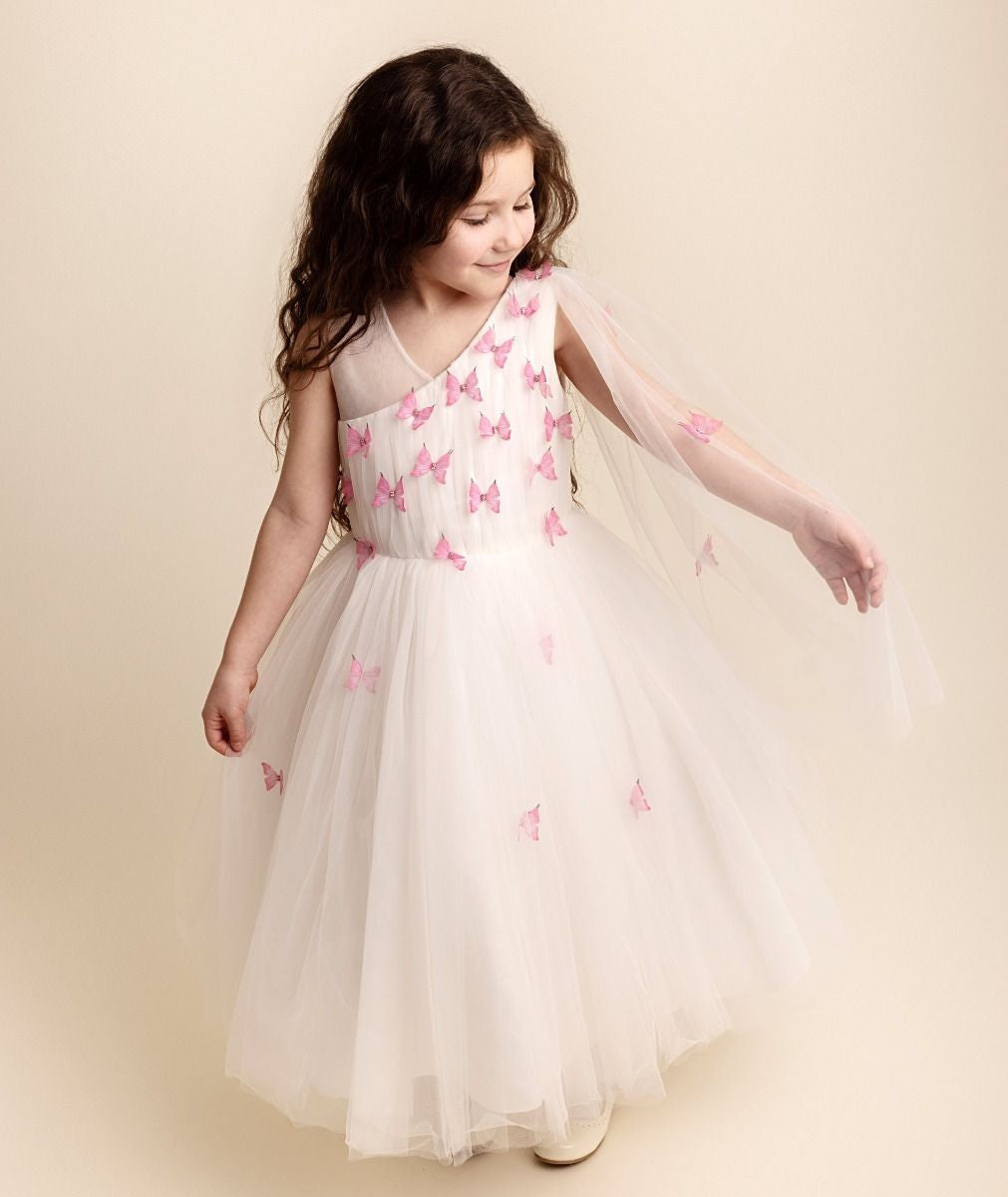 Girls Tulle Dress with Butterfly Appliques - PARIS - Pink