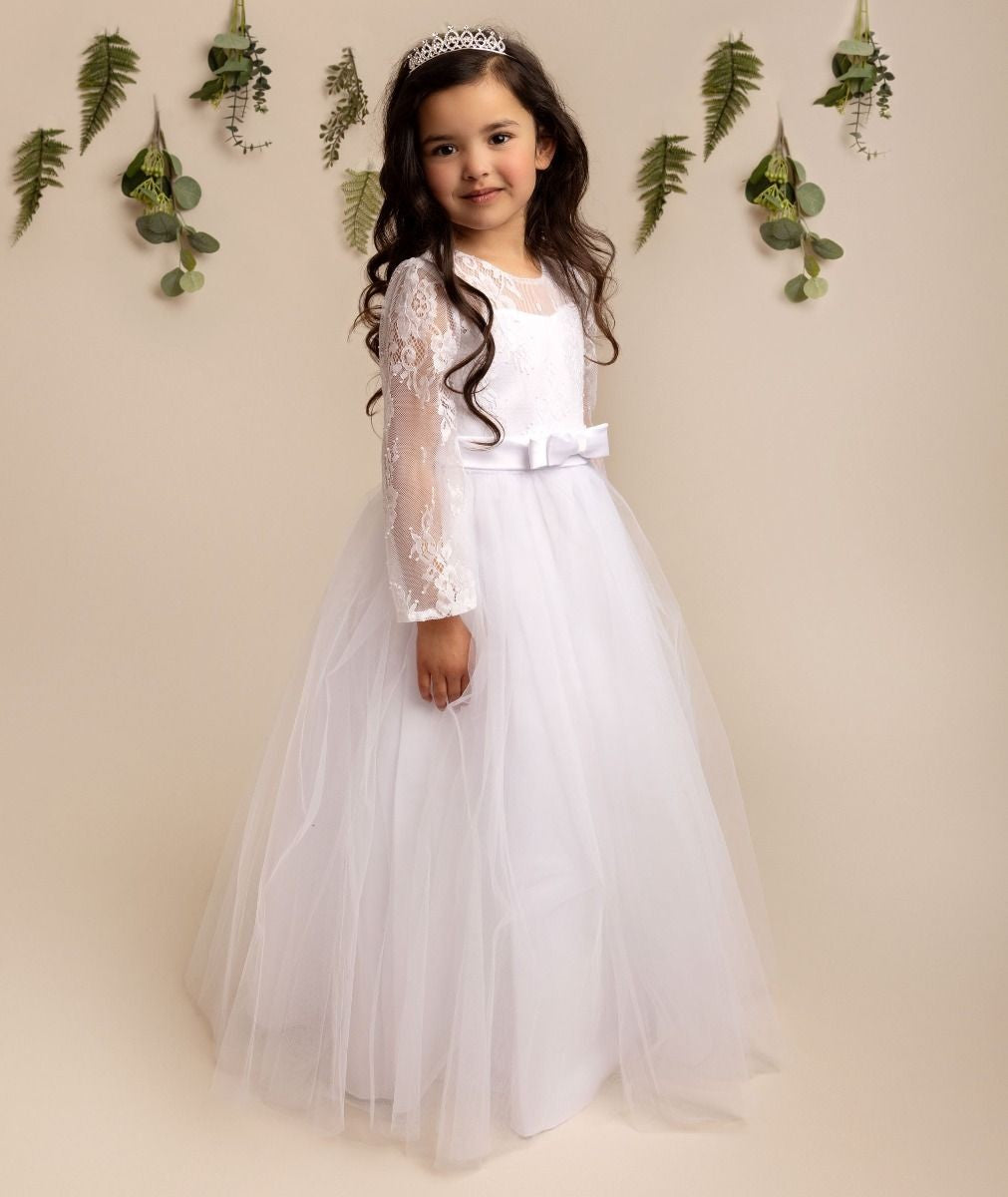 Girls Long Sleeves Lace White Tulle Dress - JADE - White