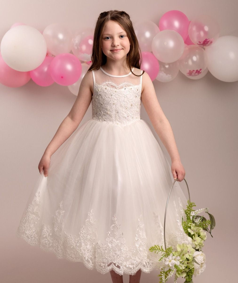 Floral Lace Embroidered Dress for Girls – MEGAN - Ivory