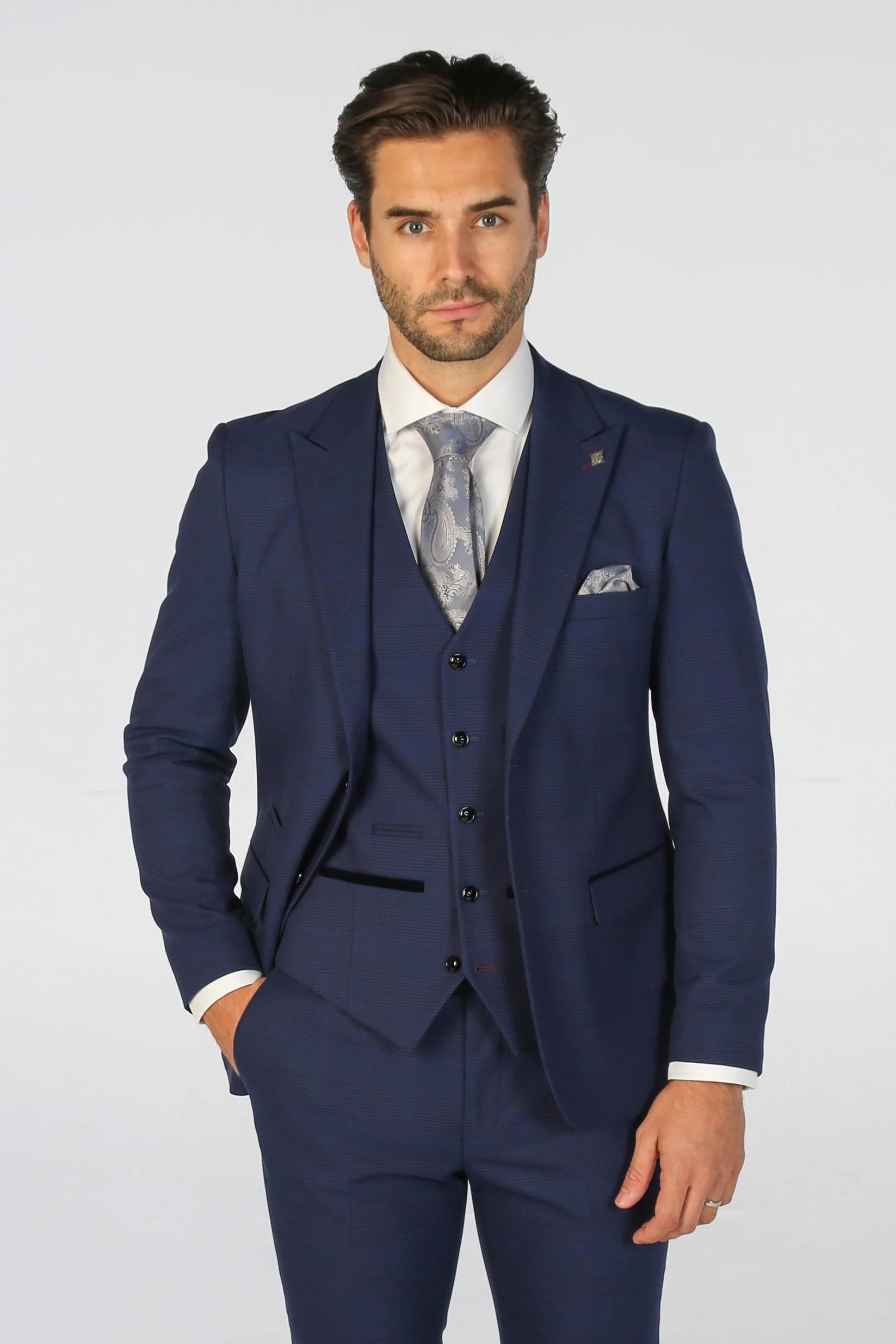 Men's Tailored Fit Navy Blue Check Suit - MARK - Navy Blue