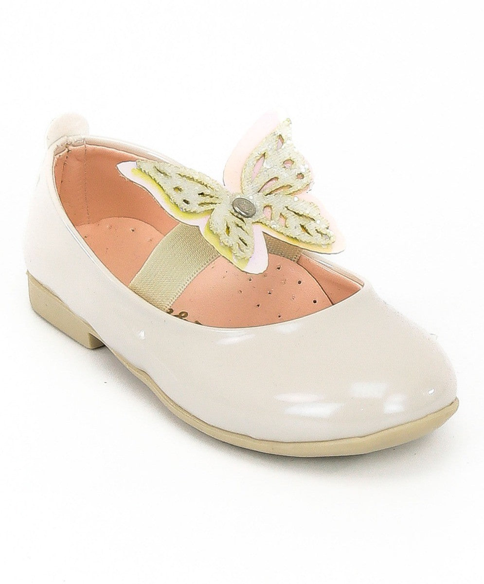 Girls Ballerina Butterfly Strap Flat Dress Shoes - Pearl White