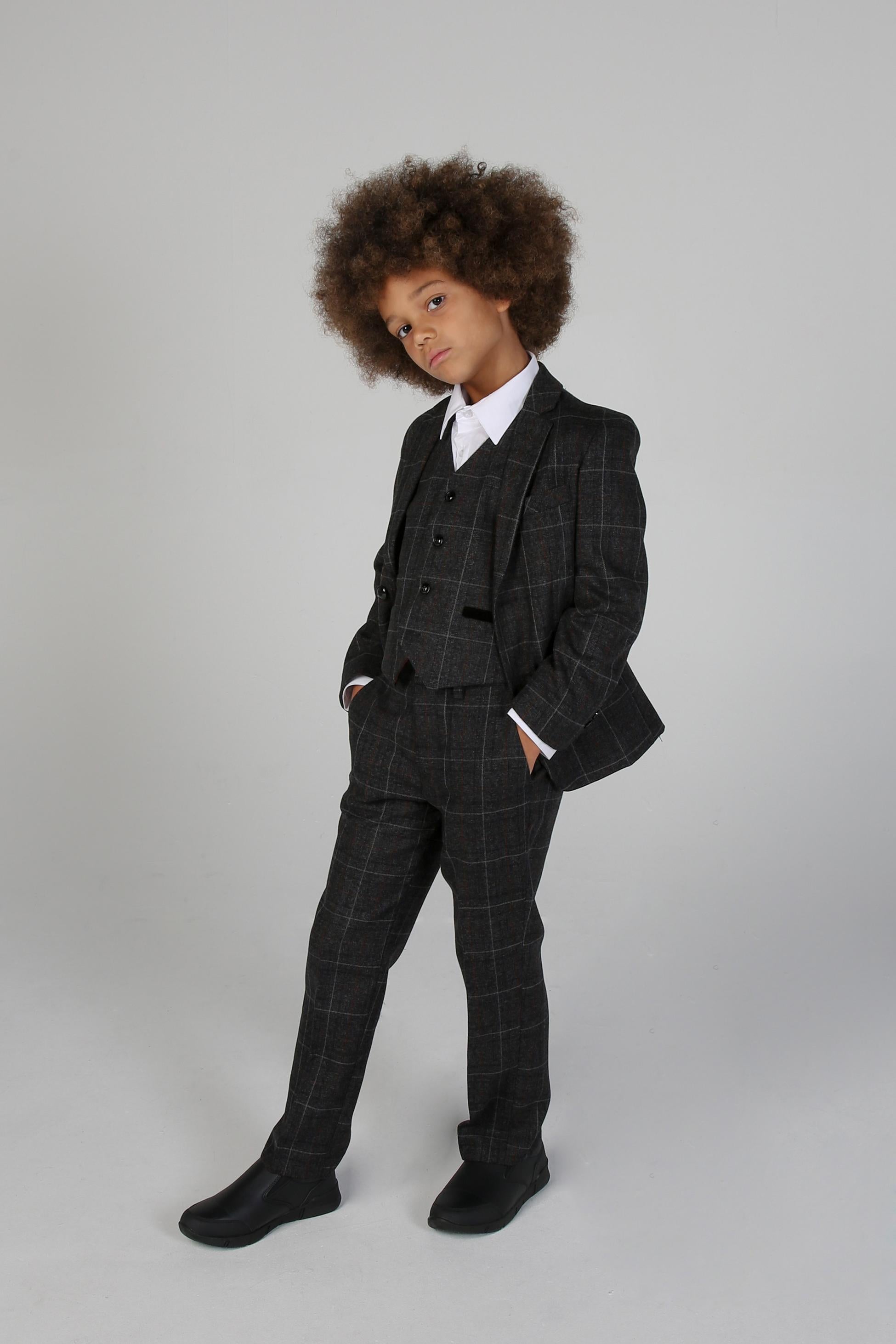 Boys Windowpane Tailored Fit Suit- HARVEY - Dark Charcoal Grey