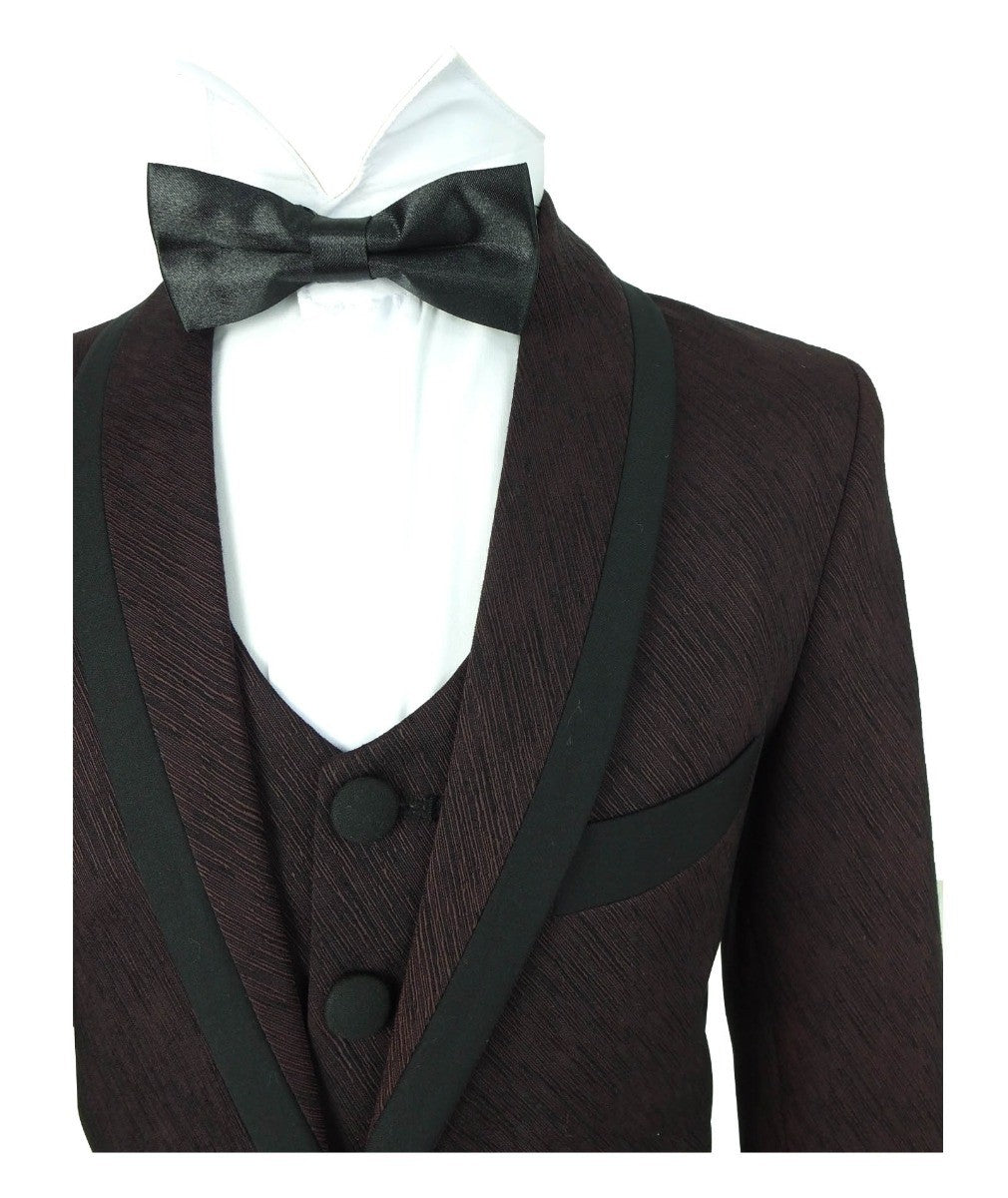 Boys Piping Textured Suit - MATTEO - Burgundy