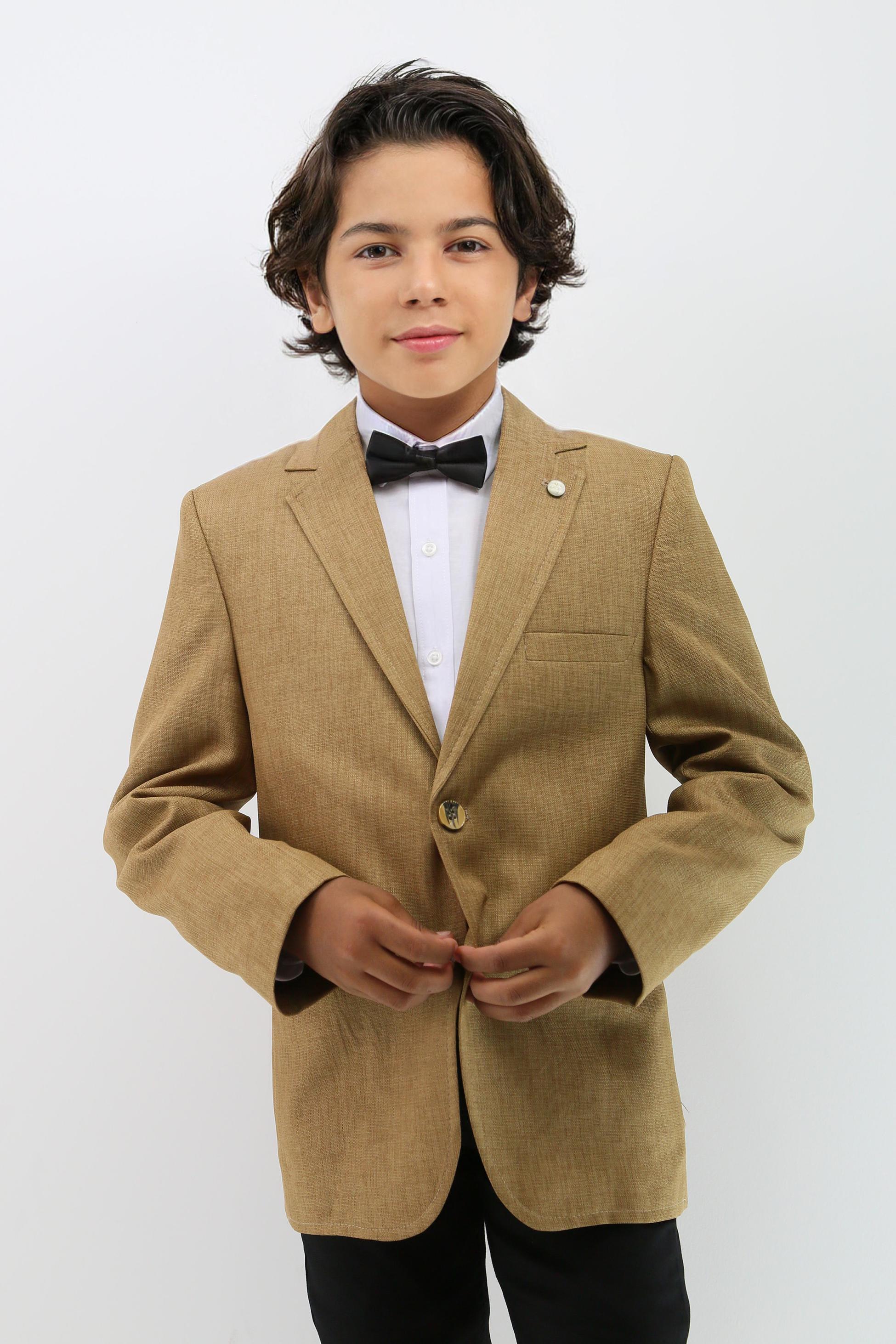 Boys' Formal Tan Brown Textured Blazer Jacket - Mustard Brown