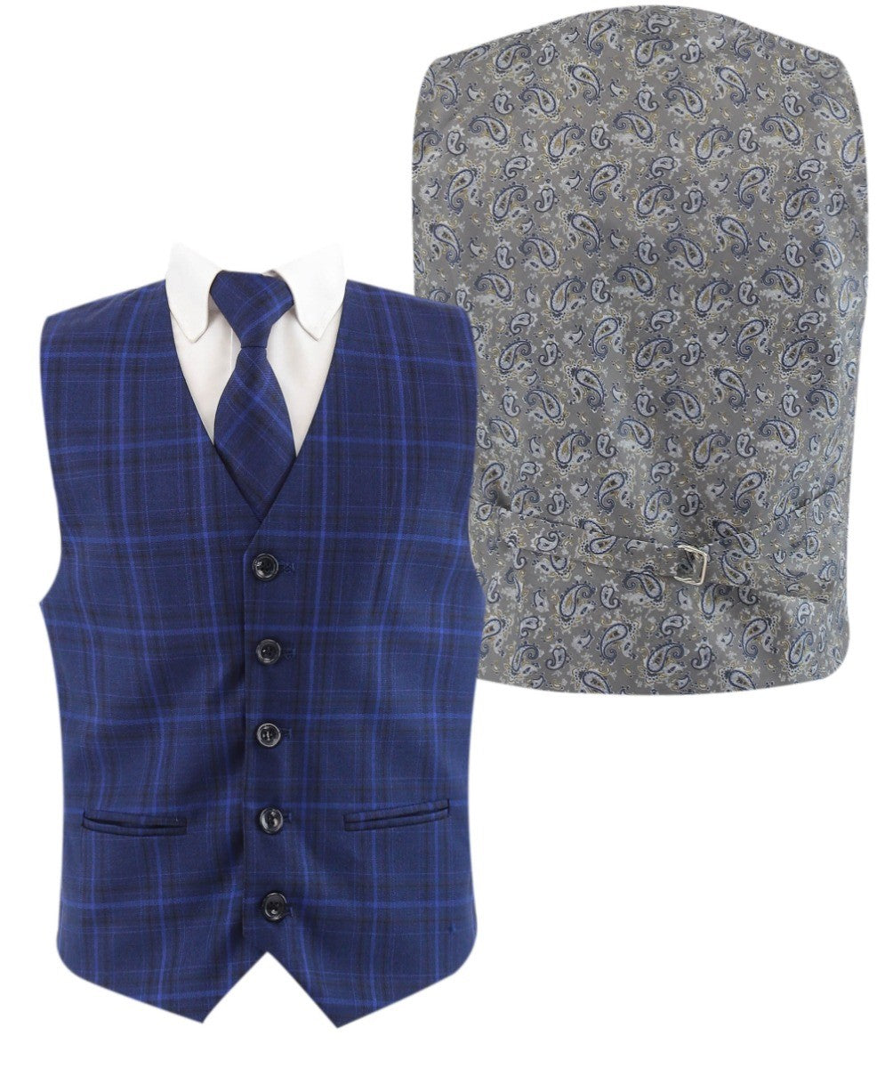 Boys Retro Check Tailored Fit Blue Suit - MATTHEW - Dark Blue