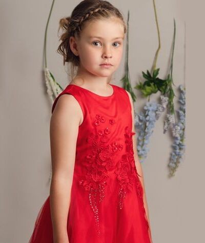 Floral Embroidery Flower Girl Dress with Bow - LUCKY - Red