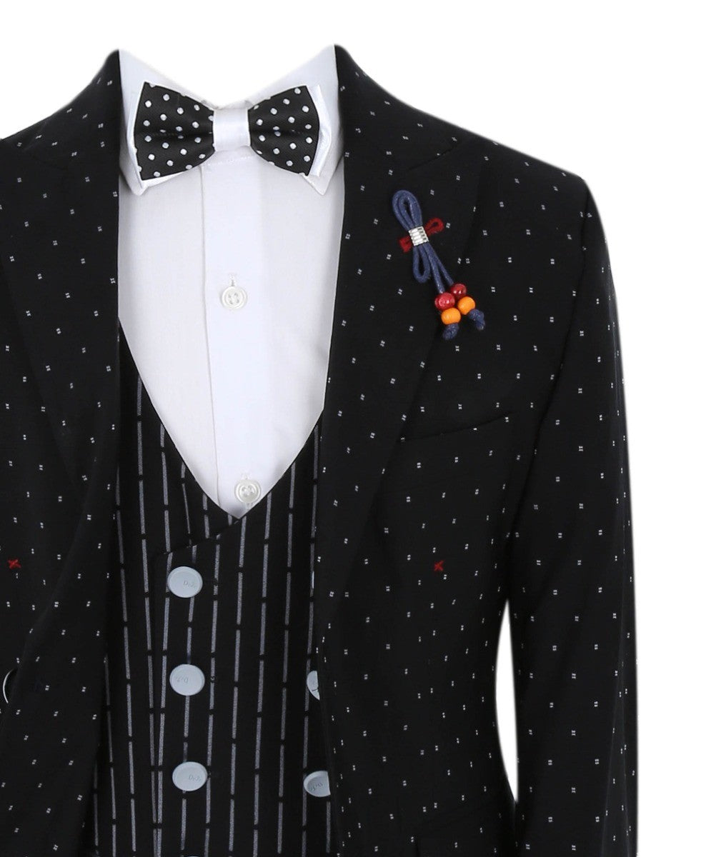 Boys Polka Dot Slim Fit Black Suit - Avagadro - Black