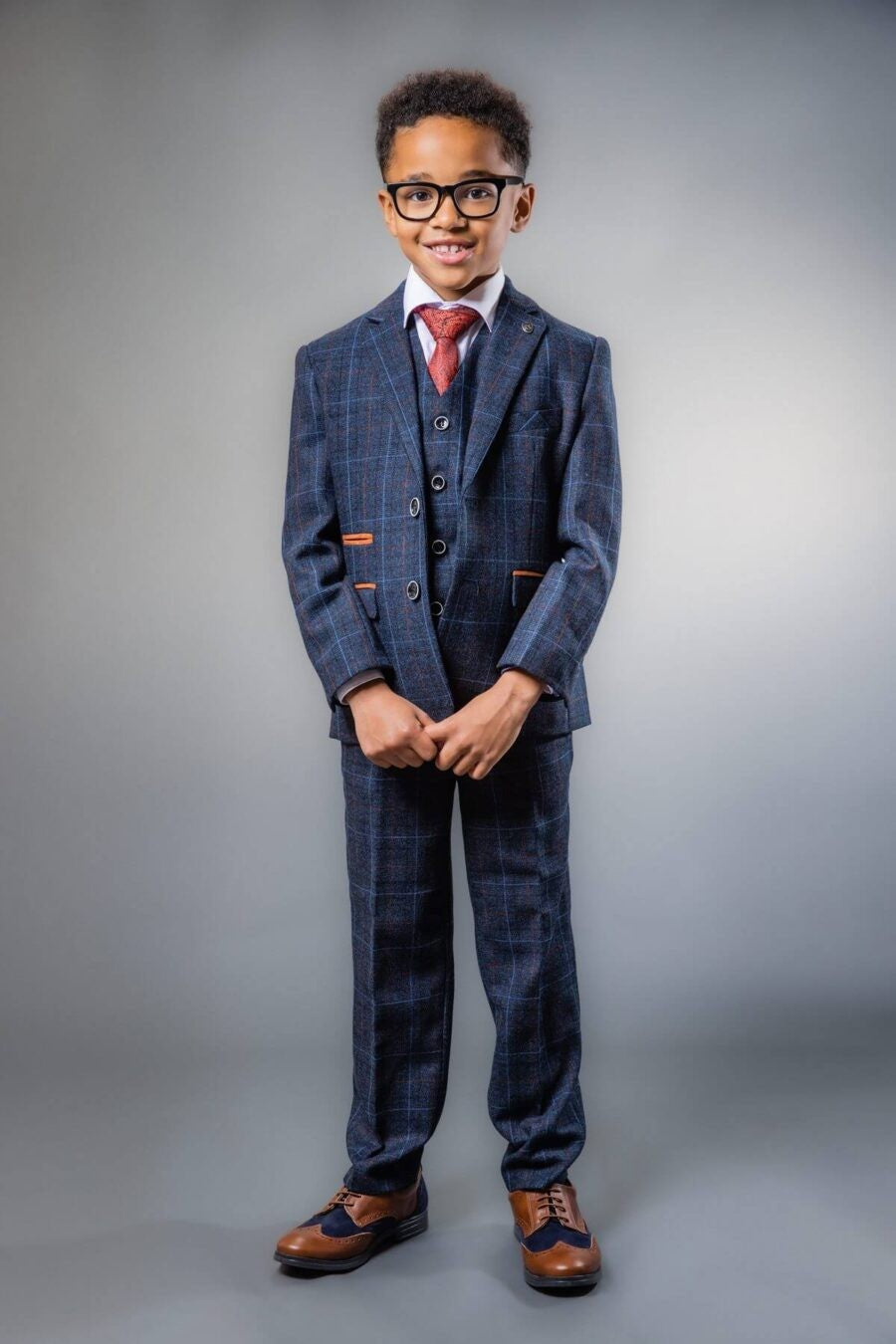 Boys Tailored Fit Retro Check Suit - ANTHONY NAVY - Navy Blue