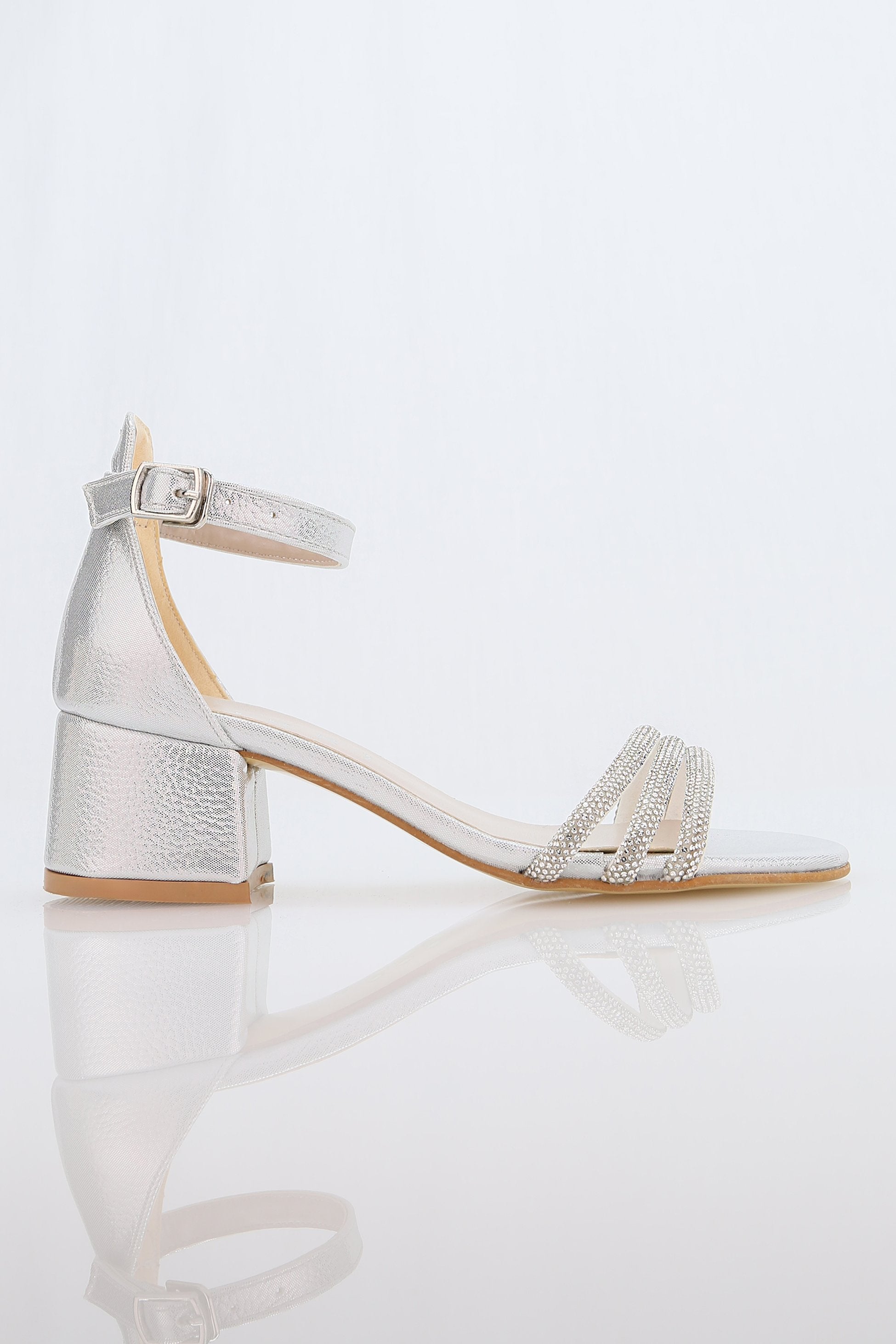 Girls' Textured Block-Heel Sandals with Rhinestone Straps - TWINKLE - Silver