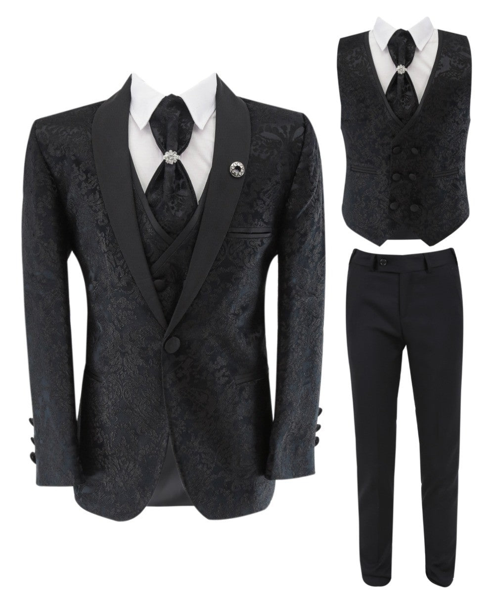 Boys Satin Lapel Paisley Floral Tuxedo Suit Set - Black