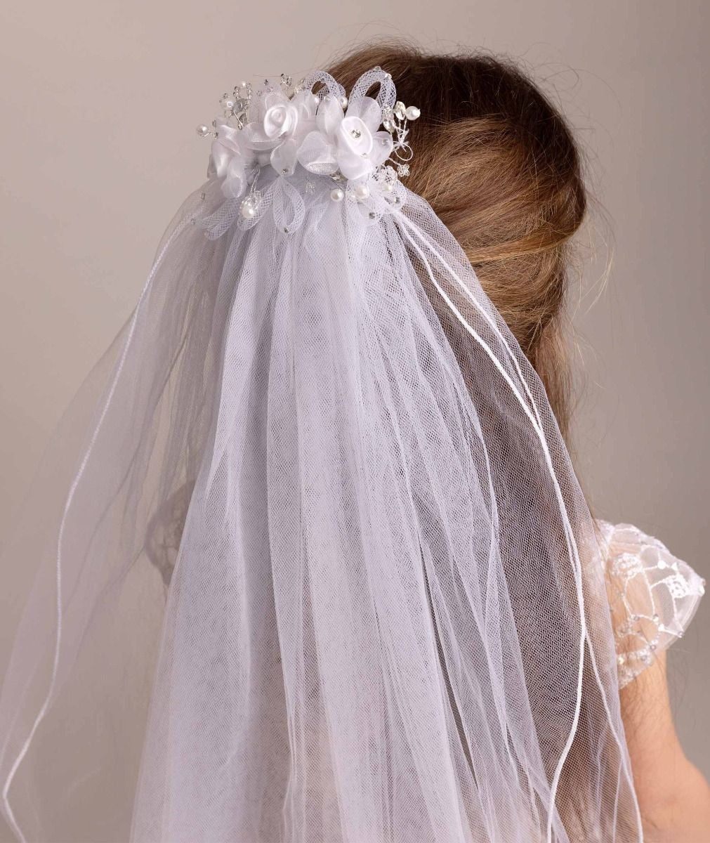 Girls White Floral & Pearl Tulle Veil - CMV-2331