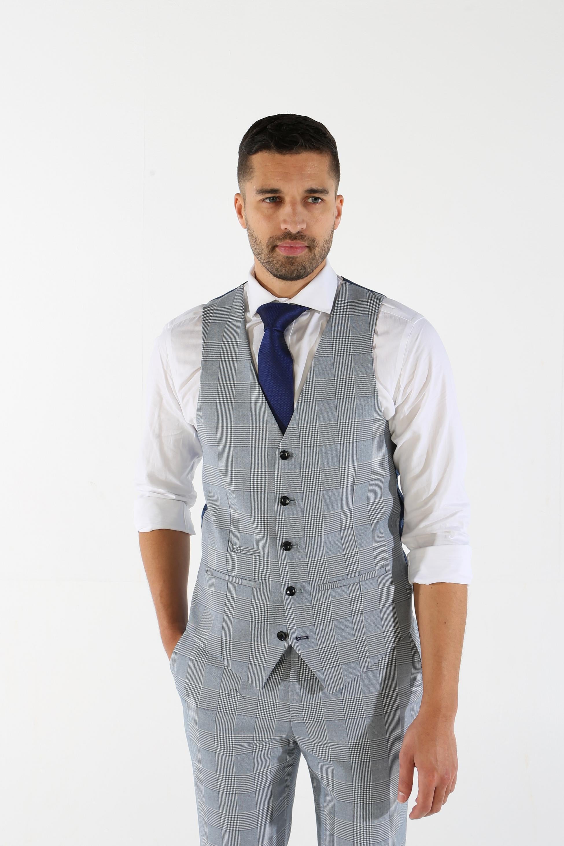 Men's Houndstooth Check Sky Blue Waistcoat - MARK - Blue