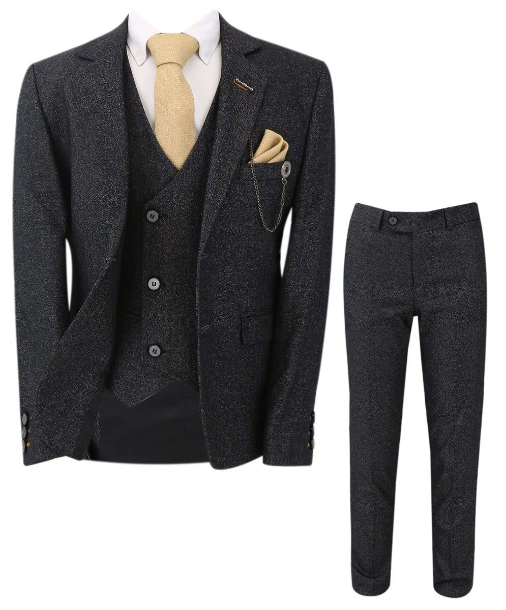 Boys Tailored Fit Herringbone Patterned Suit - TONY - Charcoal Grey