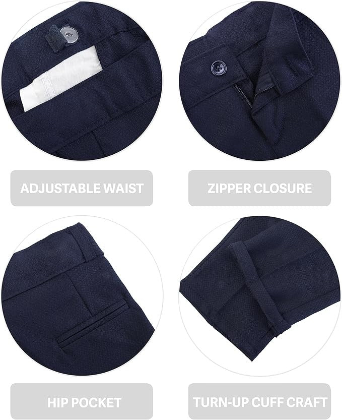 Boys' Slim Fit Textured Waistcoat Suit Set, Formal Outfit - Navy Blue