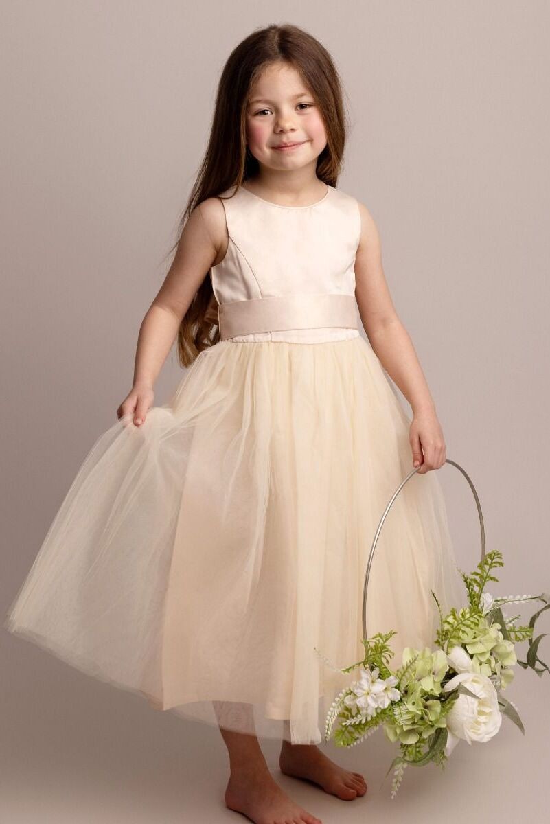 Flower Girl Dress with Tulle Skirt & Bow - HILARY - Champagne