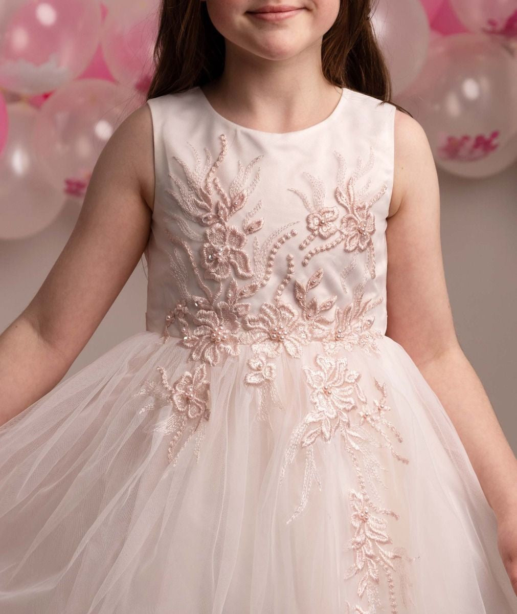 Girls Floral Embroidered Dress with Tulle Skirt - NYRA - Blush Pink