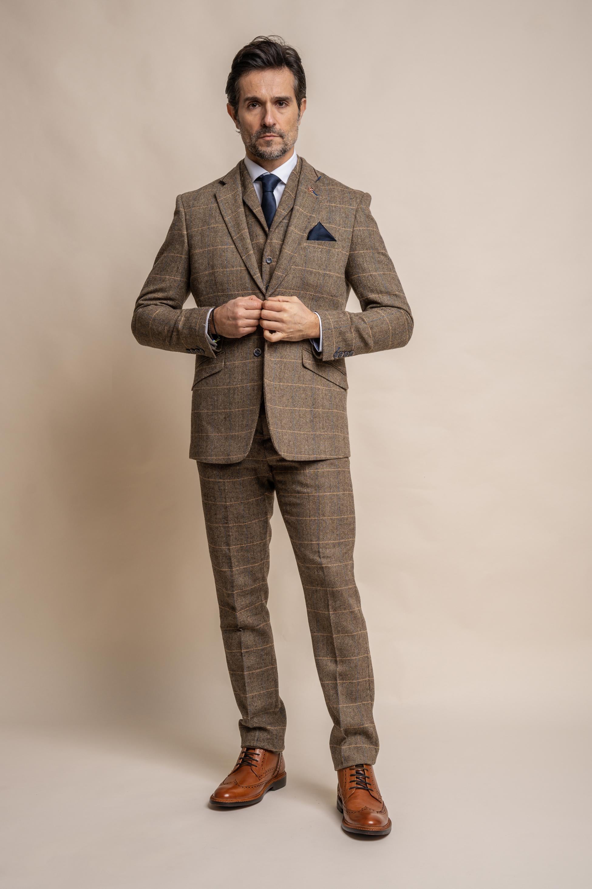 Men's Wool Blend Herringbone Check Suit Jacket - Albert - Tan Brown