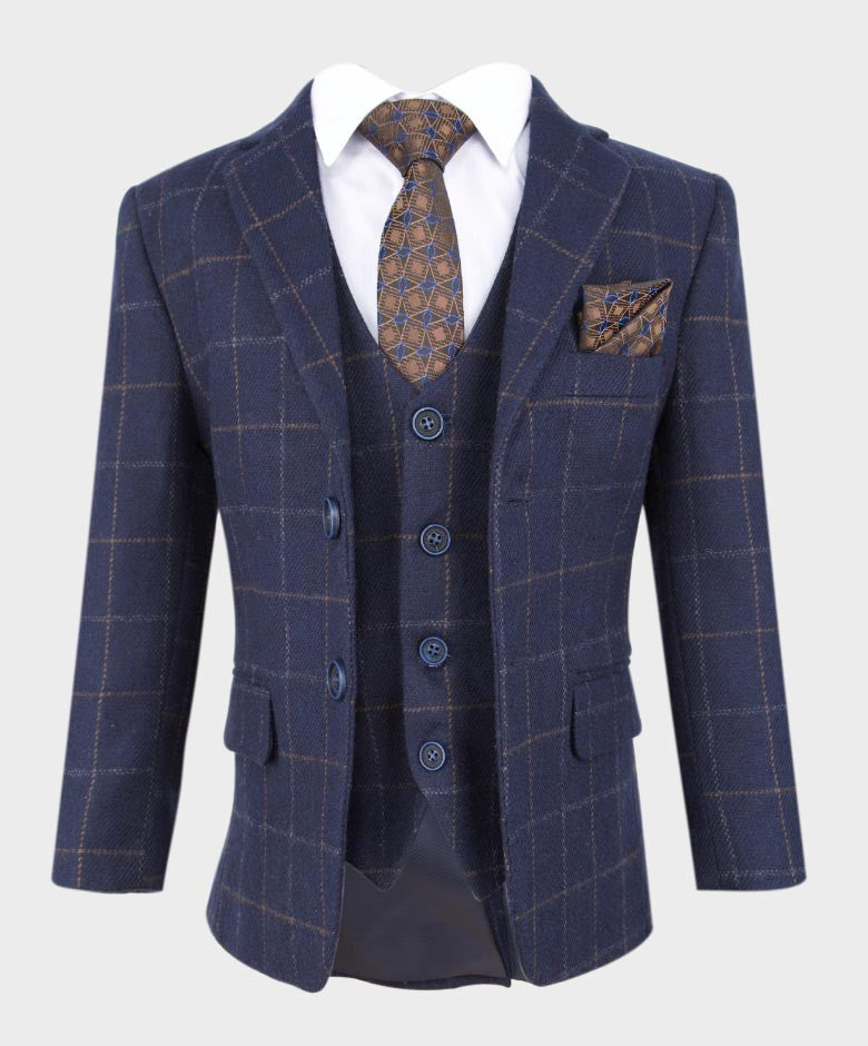 Boys Tailored Fit Tweed Check Navy Suit - SHELBY - Navy Blue