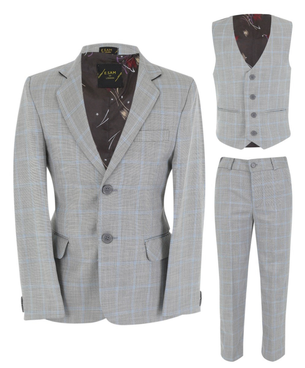 Boys Windowpane Check 6 Piece Suit Set - Grey