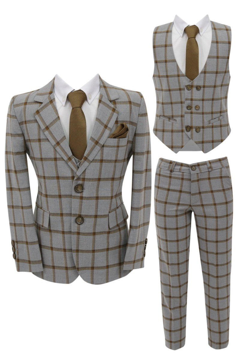 Boys Windowpane Check Suit 7 PC Set - Brown