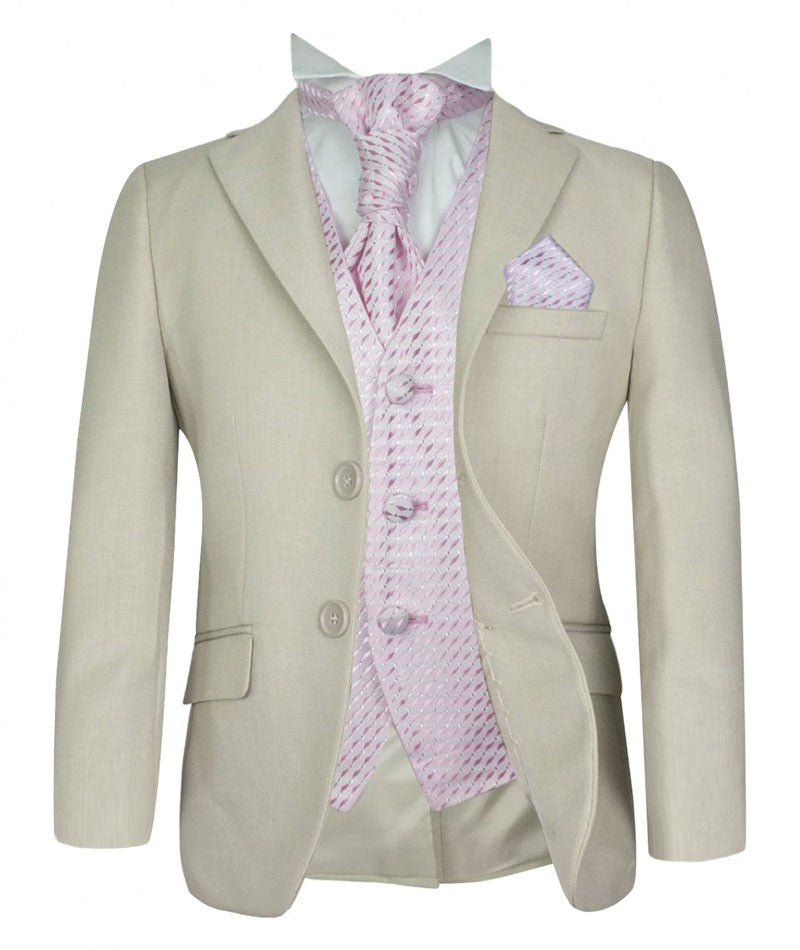 Boys Beige Suit with Patterned Waistcoat and Cravat Set - Beige