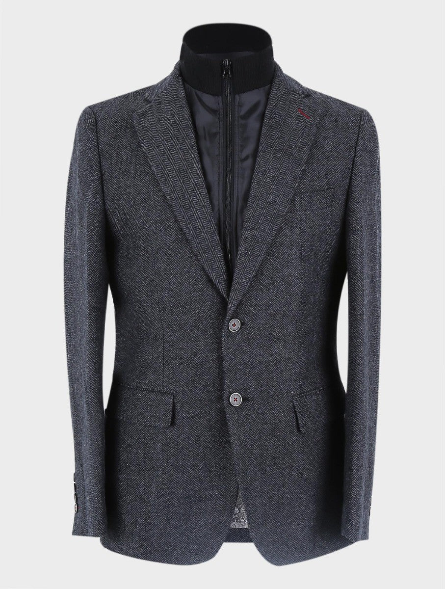 Men's Wool Herringbone Tweed Coat with Removable Zipper - Alexander - Black