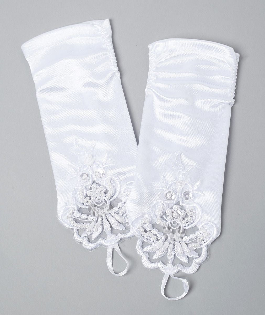 Girls' White Finger Loop Lace Satin Gloves - DIANE - White