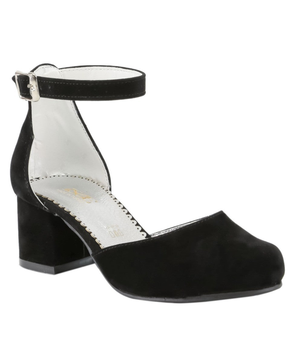 Girls Mary Jane Block Heel Shoes - Black