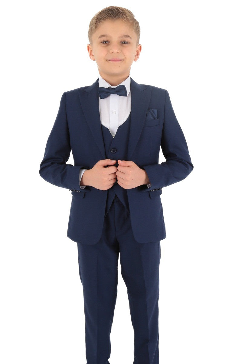 Boys Slim Fit Herringbone 8 Piece Suit Set - KING - Indigo French Blue