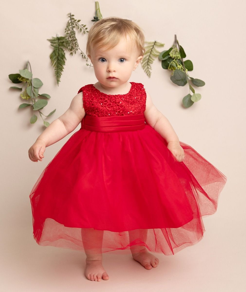 Baby Girls Dress with Floral Bodice & Bow - PC-1025 - Red